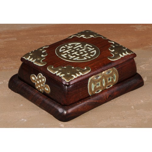 156 - A Chinese hardwood box and stand, the cover applied in brass cut-card work with bats and double happ... 