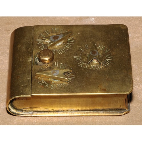 20 - A 19th century brass combination snuff box, the hinged cover with three faux dials, 7.5cm wide