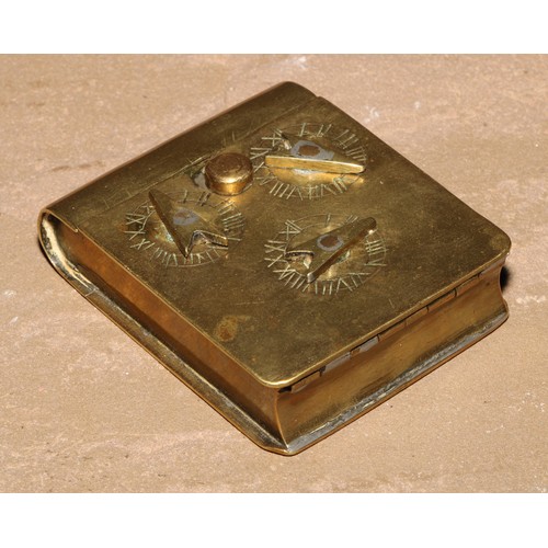 20 - A 19th century brass combination snuff box, the hinged cover with three faux dials, 7.5cm wide