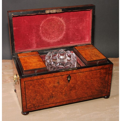 359 - A Regency amboyna rectangular tea caddy, hinged cover enclosing a pair of canisters and a glass bowl... 