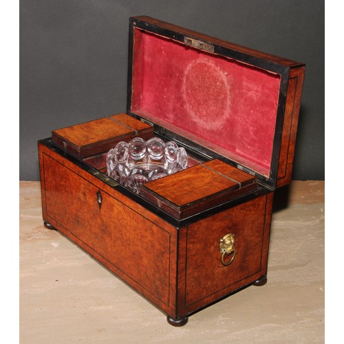 359 - A Regency amboyna rectangular tea caddy, hinged cover enclosing a pair of canisters and a glass bowl... 