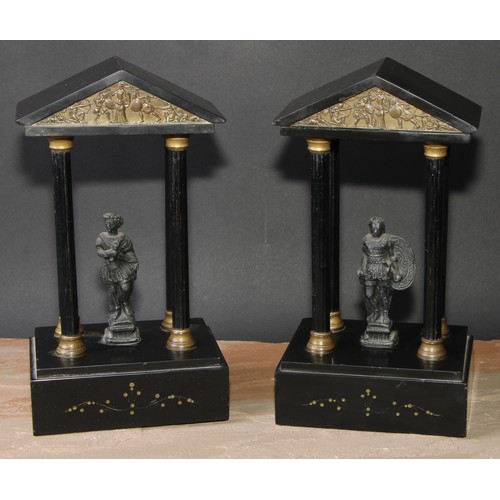 336 - A pair of late 19th century black marble library porticoes, each architectural cornice with bas reli... 