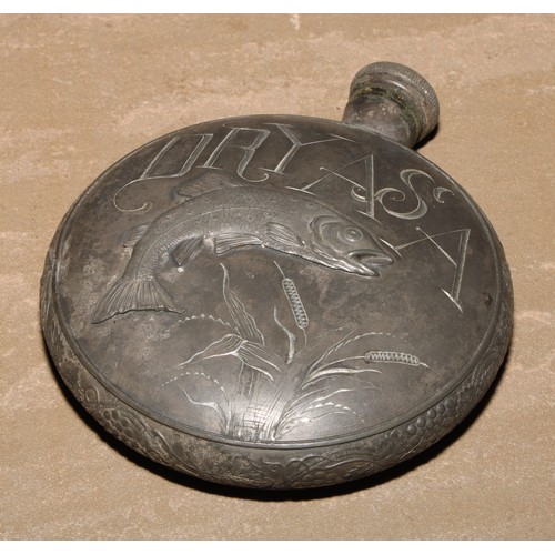 433 - An Art Nouveau pewter hipflask, applied with a leaping fish and inscribed DRYASA, screw-fitting cove... 