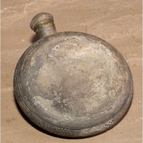 433 - An Art Nouveau pewter hipflask, applied with a leaping fish and inscribed DRYASA, screw-fitting cove... 