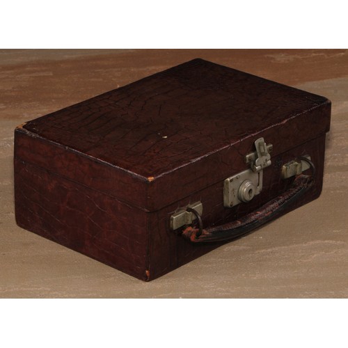 281 - A mid-20th century crocodile leather travelling jewellery box, hinged cover enclosing a fitted tray,... 