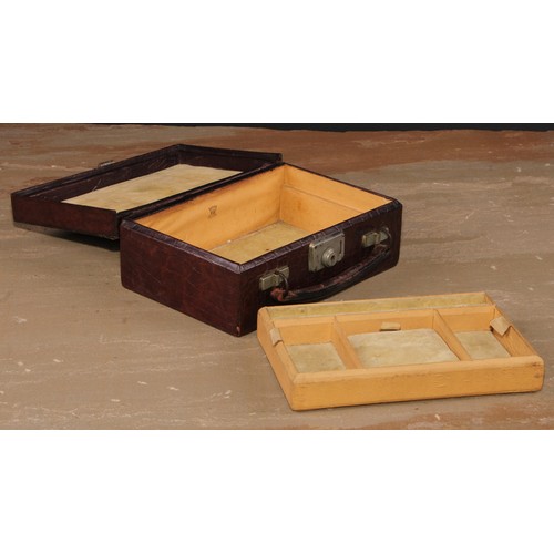 281 - A mid-20th century crocodile leather travelling jewellery box, hinged cover enclosing a fitted tray,... 