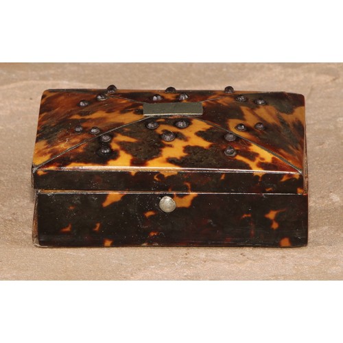 106 - A 19th century tortoiseshell rectangular casket, hinged cover decorated with cut-steel pinwork, 8cm ... 