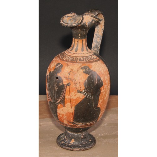 234 - A Grand Tour ovoid pedestal ewer, after an ancient Greek  oinochoe, painted with figures after the a... 