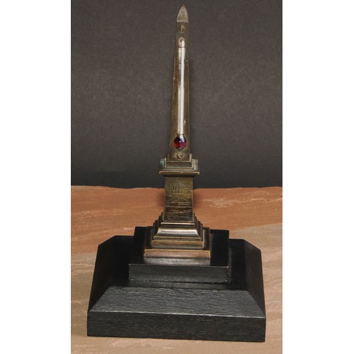 57 - A 19th century Grand Tour bronze obelisk desk thermometer, stepped square ebonised base, 23cm high