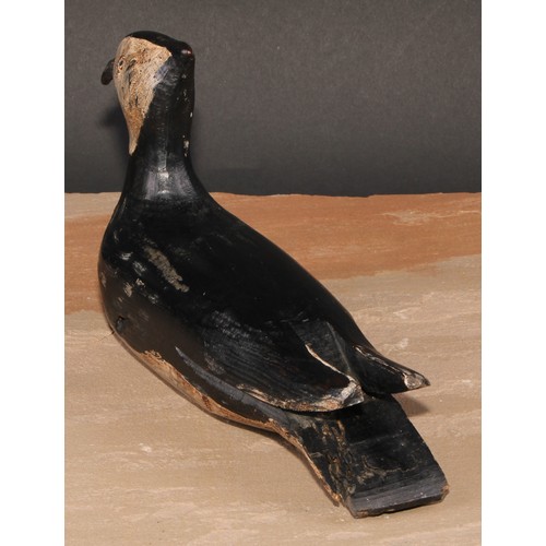 301 - A painted softwood avian decoy, carved as a waterfowl, 28cm long