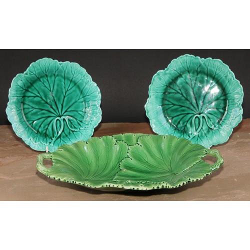 197 - A Copeland majolica table centre dish, moulded with leaves, rustic branch handles, 33cm wide, impres... 