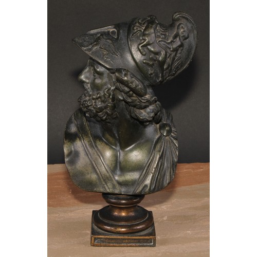 565 - French School (19th century), a dark patinated spelter library bust, of Ajax, square base, 28cm high