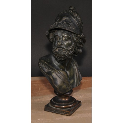 565 - French School (19th century), a dark patinated spelter library bust, of Ajax, square base, 28cm high