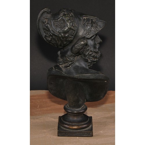 565 - French School (19th century), a dark patinated spelter library bust, of Ajax, square base, 28cm high