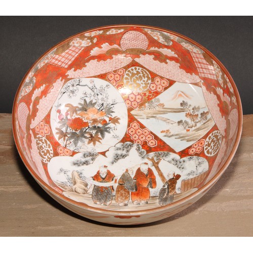 233 - A graduated pair of Japanese kutani bowls, decorated with figures and landscapes within assymetrical... 