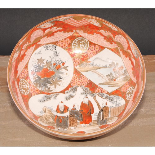 233 - A graduated pair of Japanese kutani bowls, decorated with figures and landscapes within assymetrical... 