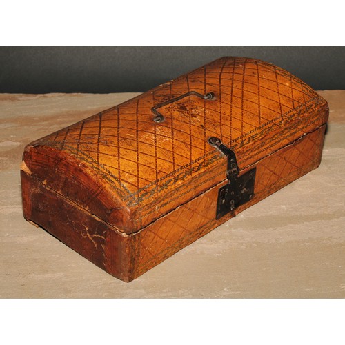 215 - A French tooled leather table box, hinged domed cover with angular swan neck handle, iron hasp and l... 