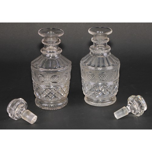 313 - A pair of 19th century hobnail-cut decanters, 19.5cm high