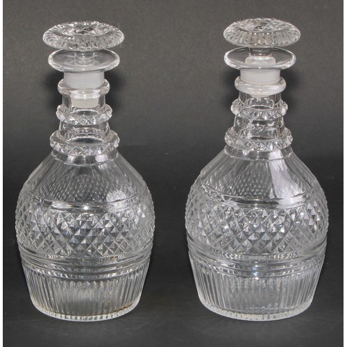 314 - A pair of 19th century hobnail-cut mallet shaped decanters, mushroom stoppers, three neck rings, 20.... 