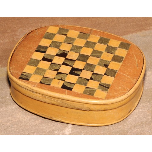 679 - Treen - an early 20th century parquetry novelty rounded rectangular snuff box, the cover inlaid with... 