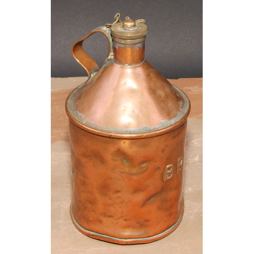 643 - Railwayana - a British Rail copper oil can, brass screw-cap; the side stamped BR, scroll handle, 20c... 