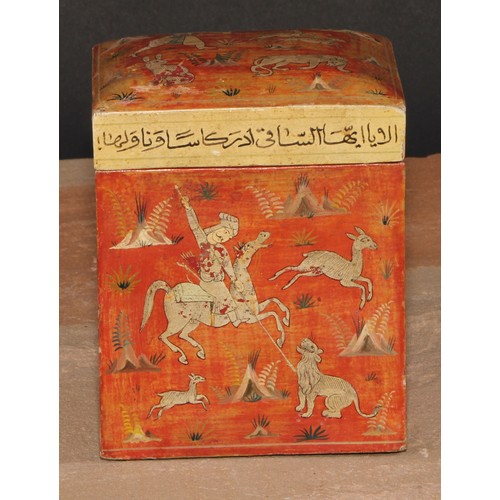 245 - A Kashmiri rectangular playing card box, decorated in the Persian Islamic taste with hunting scenes ... 