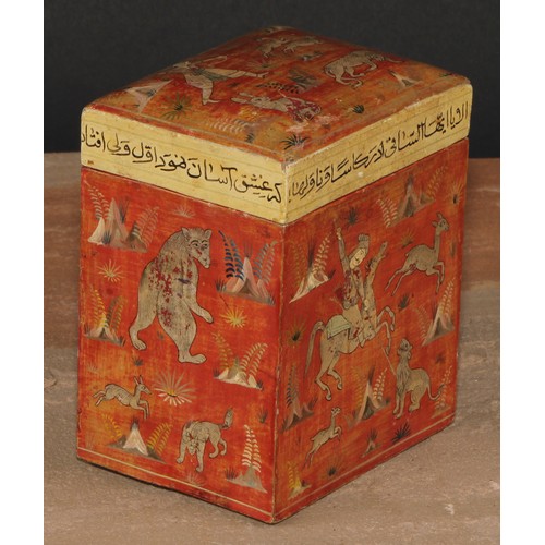 245 - A Kashmiri rectangular playing card box, decorated in the Persian Islamic taste with hunting scenes ... 