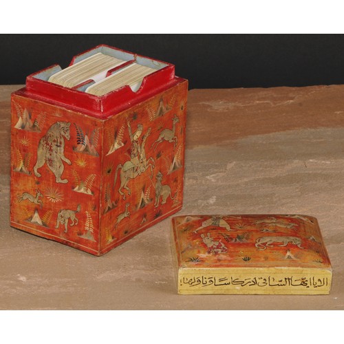 245 - A Kashmiri rectangular playing card box, decorated in the Persian Islamic taste with hunting scenes ... 