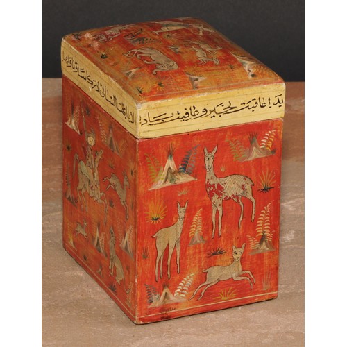 245 - A Kashmiri rectangular playing card box, decorated in the Persian Islamic taste with hunting scenes ... 