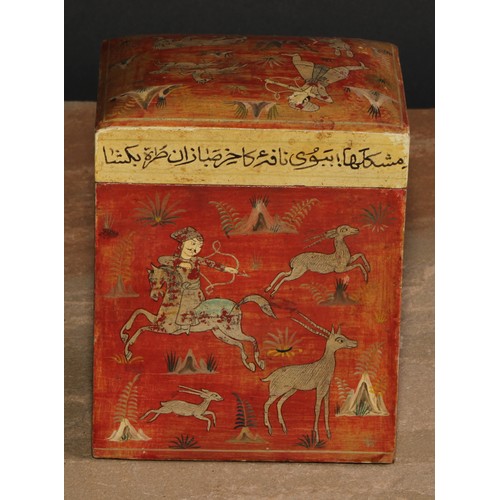 245 - A Kashmiri rectangular playing card box, decorated in the Persian Islamic taste with hunting scenes ... 