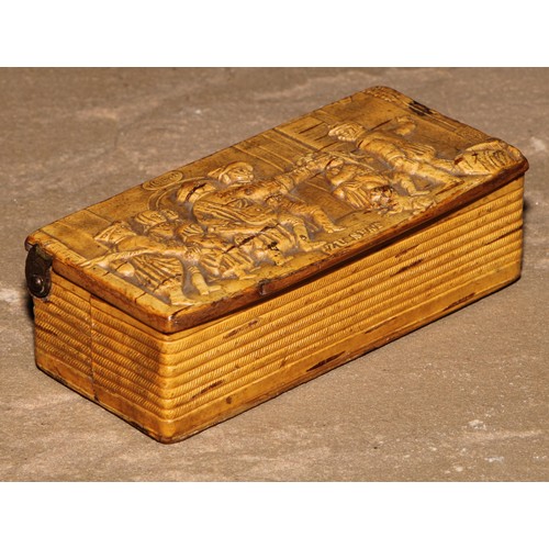 47 - A 19th century German pressed birch bark rectangular snuff box, hinged cover with narrative scene, Z... 