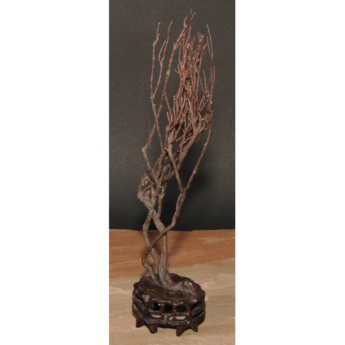 142 - A Chinese branch wood scholar's object, pierced and carved hardwood base, 29cm high overall