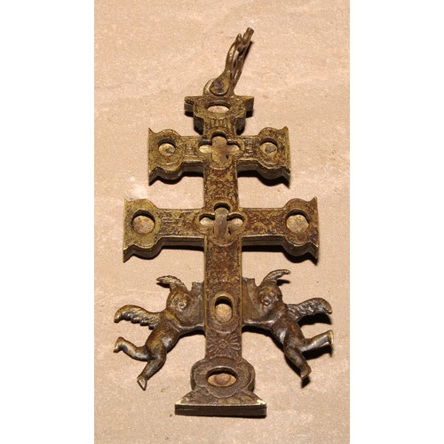 190 - A Colonial bronze corpus Christi reliquary pendant, Patriarchal cross, 14cm over loop