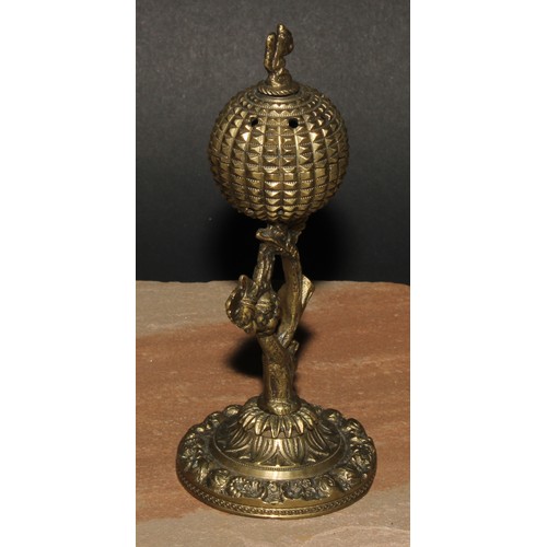 347 - A pair of post-Regency gilt bronze cassolettes, each crested by a squirrel, fruiting vine supports, ... 