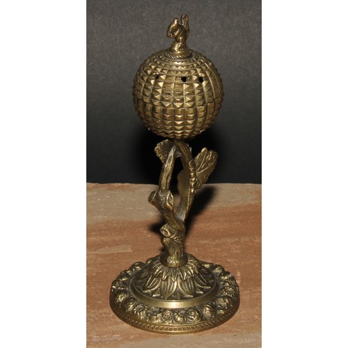 347 - A pair of post-Regency gilt bronze cassolettes, each crested by a squirrel, fruiting vine supports, ... 