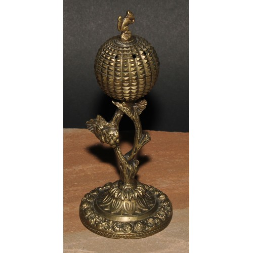 347 - A pair of post-Regency gilt bronze cassolettes, each crested by a squirrel, fruiting vine supports, ... 