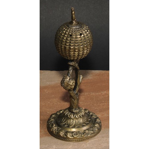 347 - A pair of post-Regency gilt bronze cassolettes, each crested by a squirrel, fruiting vine supports, ... 