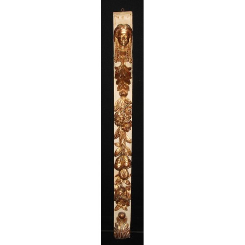 112 - A Baroque painted and parcel-gilt pilaster, carved and gessoed with a female term and flowering, fru... 