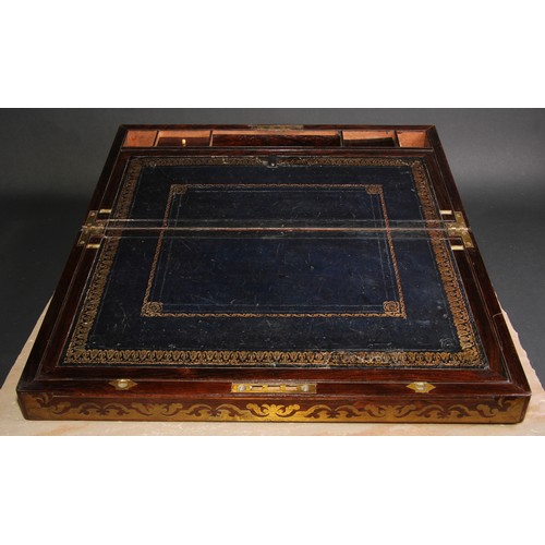 7 - A Regency mahogany and brass marquetry rectangular writing box, outlined with inlaid bands of leafy ... 