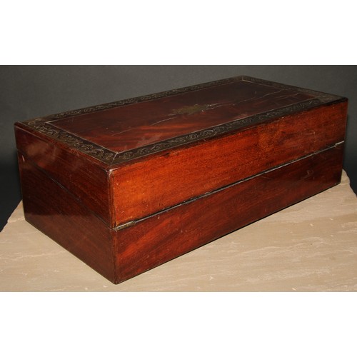 7 - A Regency mahogany and brass marquetry rectangular writing box, outlined with inlaid bands of leafy ... 