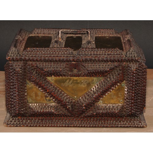 554 - Folk Art - a late 19th century tramp art rectangular box, mounted with brass panels, typical geometr... 