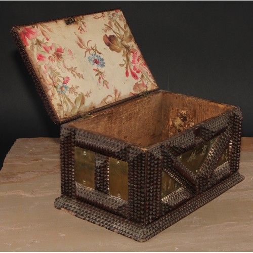 554 - Folk Art - a late 19th century tramp art rectangular box, mounted with brass panels, typical geometr... 