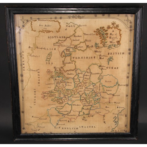 220 - A George III map sampler, A Map of England and Wales, by Ann Ambler, 1785, 55cm x 51cm, c.1785, oak ... 