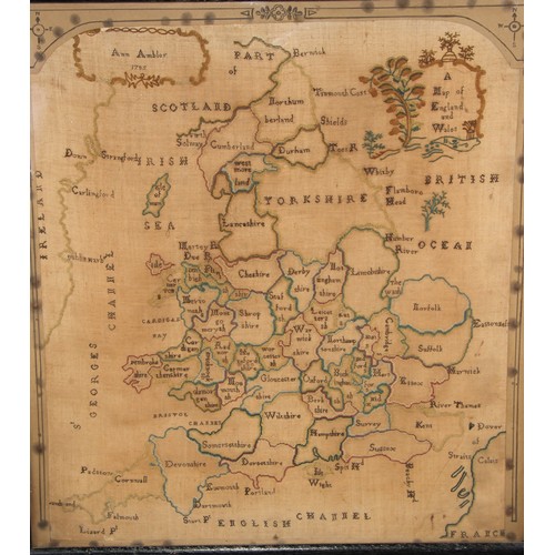 220 - A George III map sampler, A Map of England and Wales, by Ann Ambler, 1785, 55cm x 51cm, c.1785, oak ... 