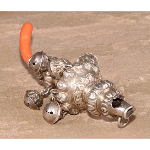 97 - A 19th century silver child's rattle, chased with flowers and scrolling foliage, whistle terminal, s... 