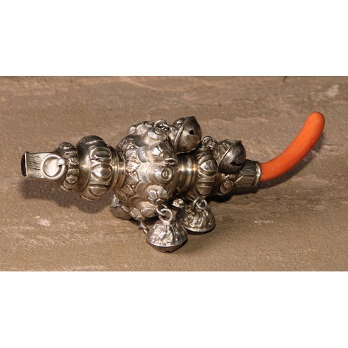 97 - A 19th century silver child's rattle, chased with flowers and scrolling foliage, whistle terminal, s... 