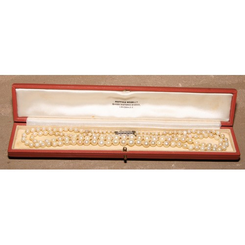 201 - A cultured pearl necklace, silver clasp, 40cm drop, Mappin & Webb retailer's box