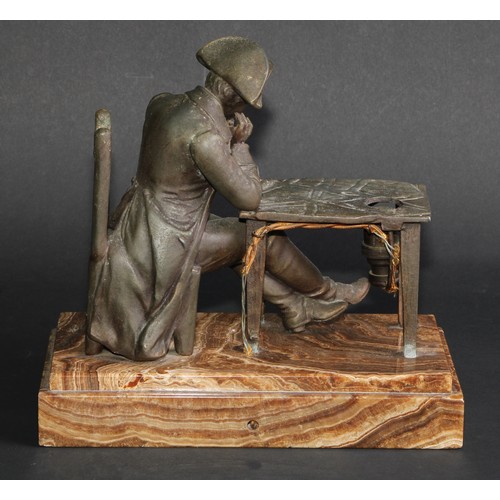 453 - An early 20th century French spelter figural table lamp, as Napoleon Bonaparte, seated looking over ... 