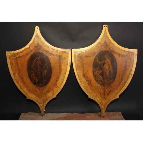 332 - A pair of George III Neoclassical shield shaped screens, each transfer printed en grisaille with Lun... 