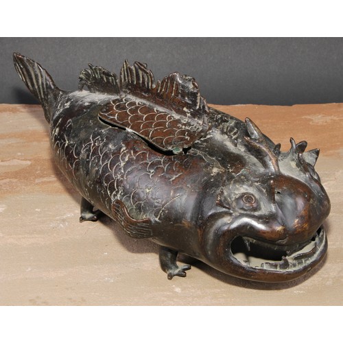 143 - A Chinese bronze incense burner, as a carp, 28cm long